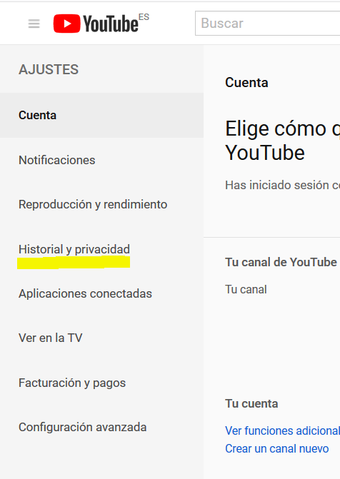 menú de ajustes en You Tube