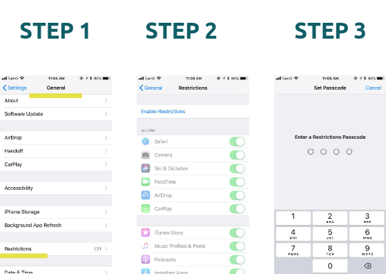 Steps for restrictions - Parental control for iPhone