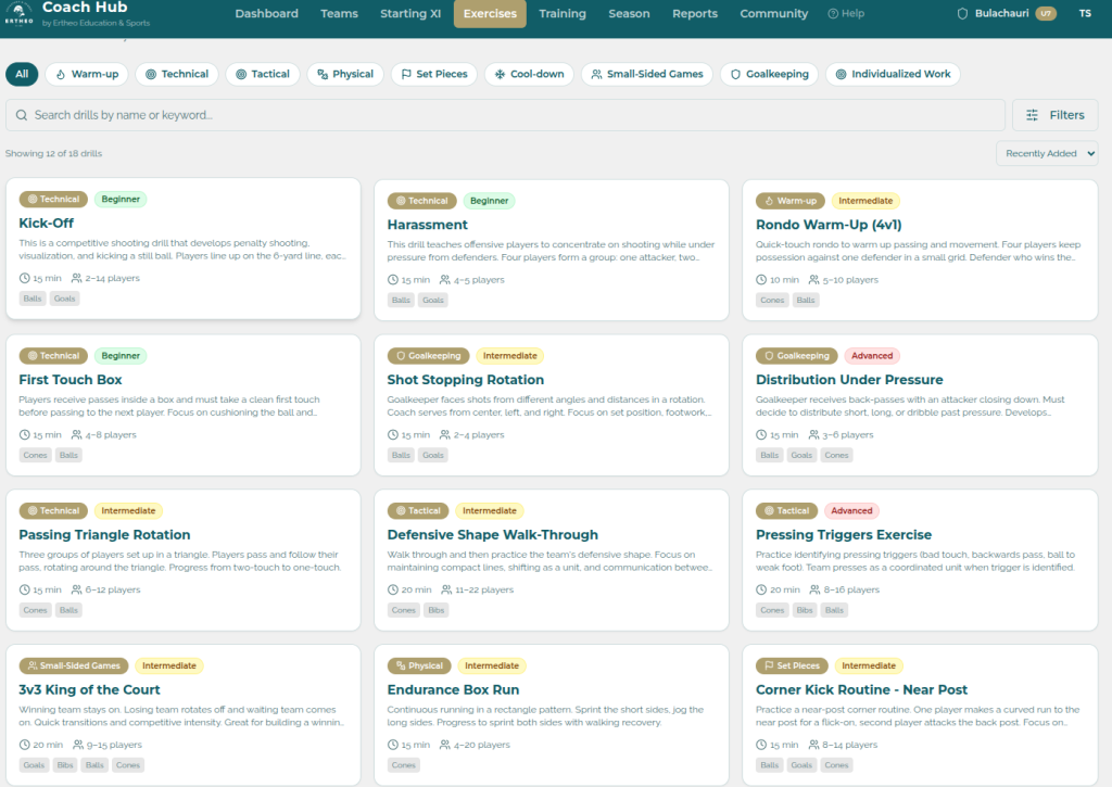 The Coach Bug Exercises library screen